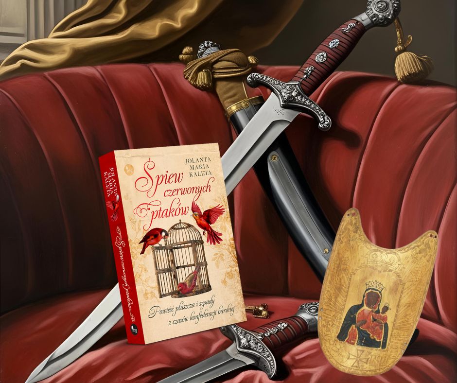 na czerwonej, aksamitnej sofie leżą miecze, tarcza z Czarną Madonną i książka Jolanty Marii Kalety "Śpiew czerwonych ptaków"
